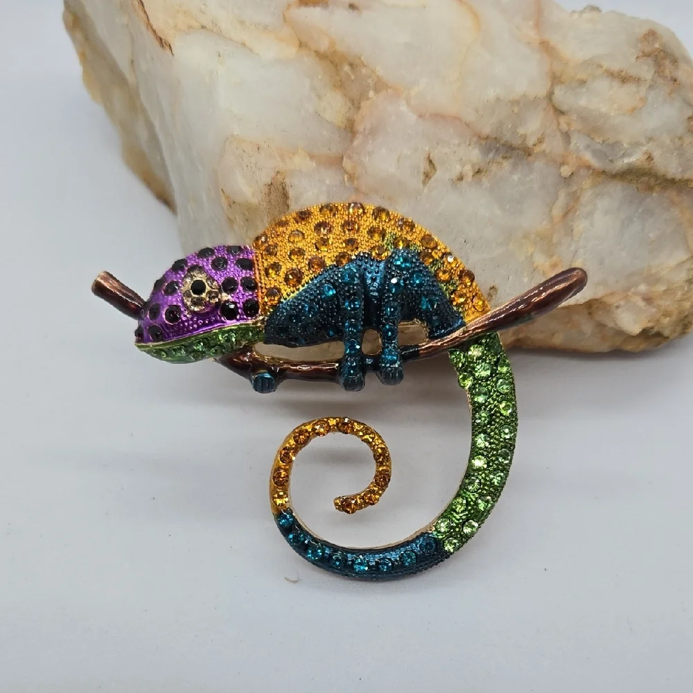 Colorful Chameleon Rhinestone Brooch Large Crystal Lizard Pin Statement Jewelry